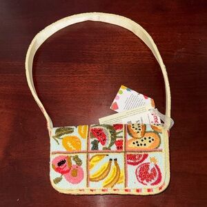 Cream Beaded Shoulder Bag with Fruit Motif